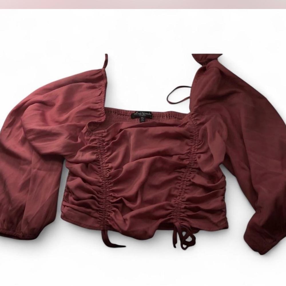 Red Ruched Crop Blouse with Tie Front